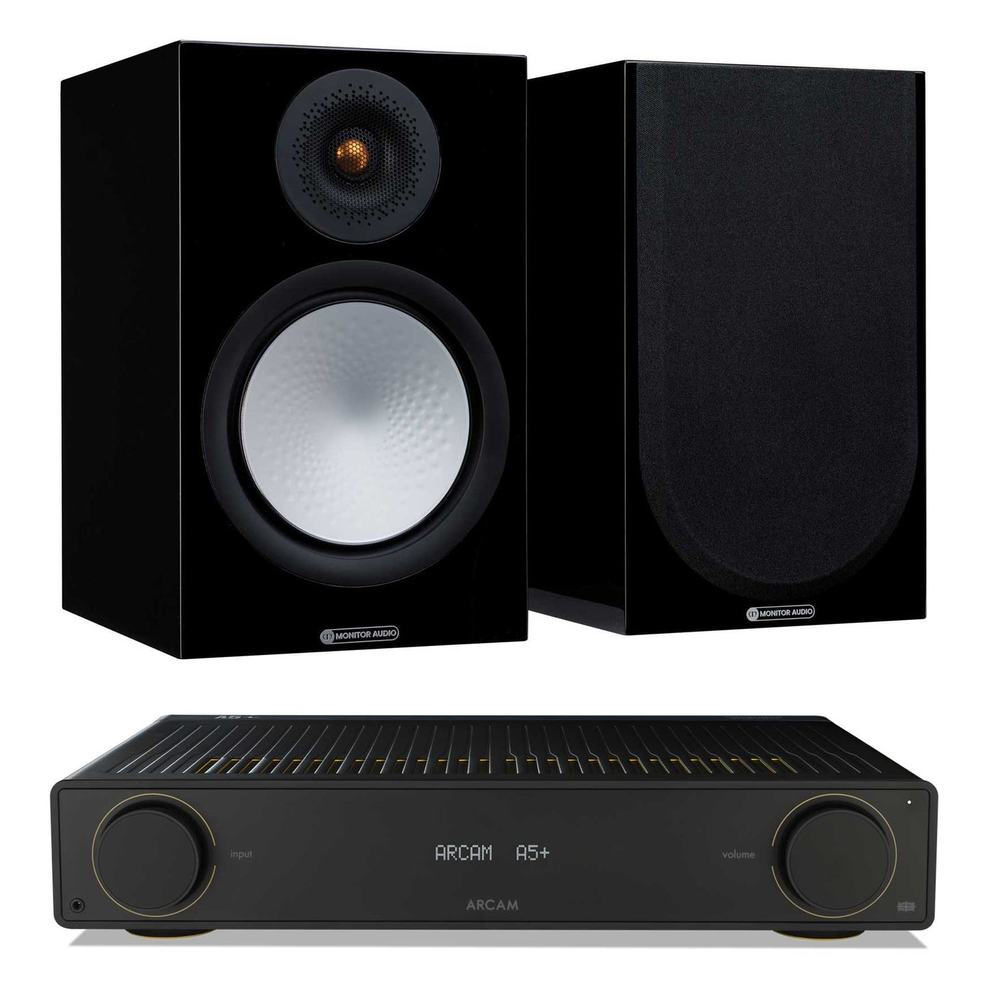 Arcam A5+ with Monitor Audio Silver 100 Gloss Black
