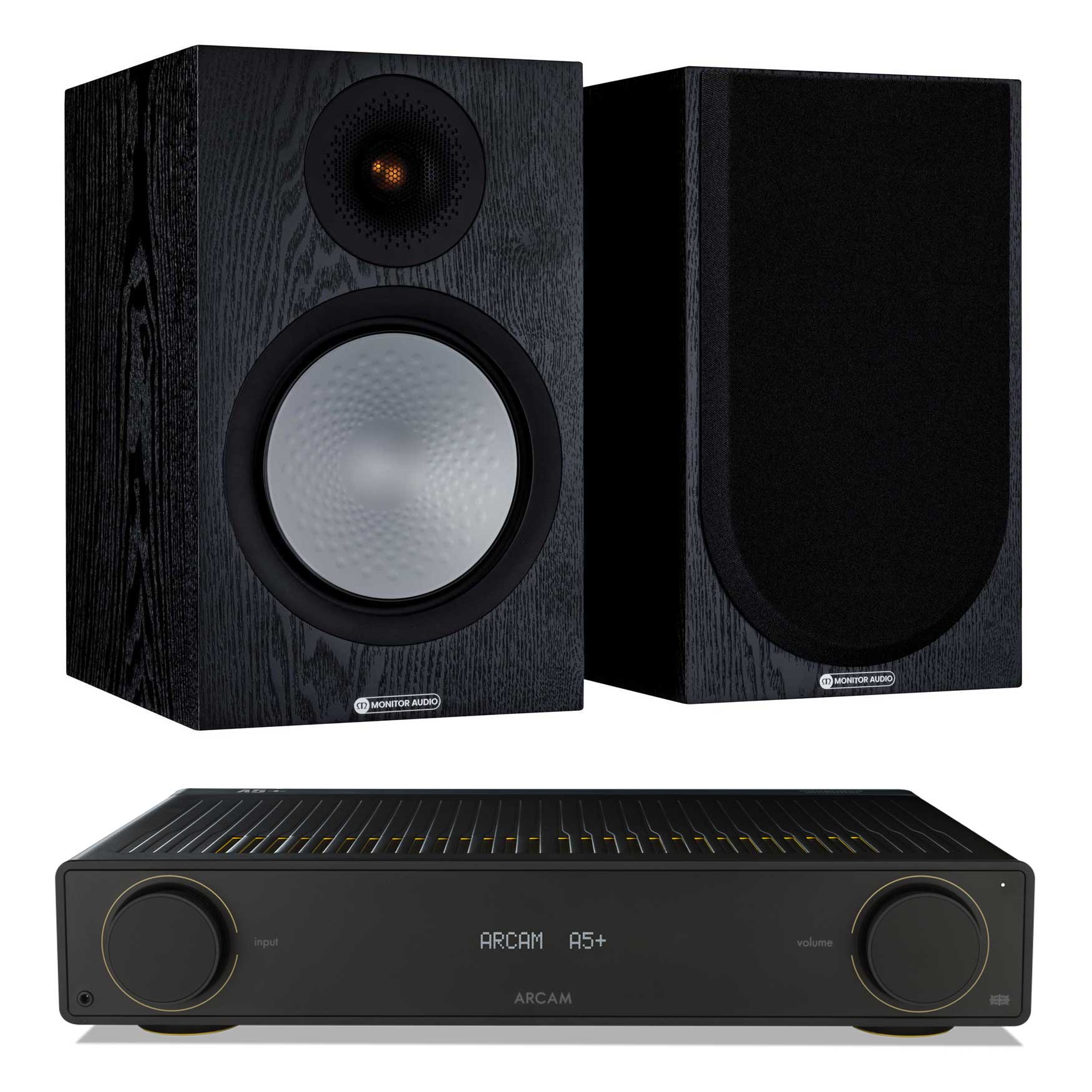 Arcam A5+ with Monitor Audio Silver 100 Black Oak