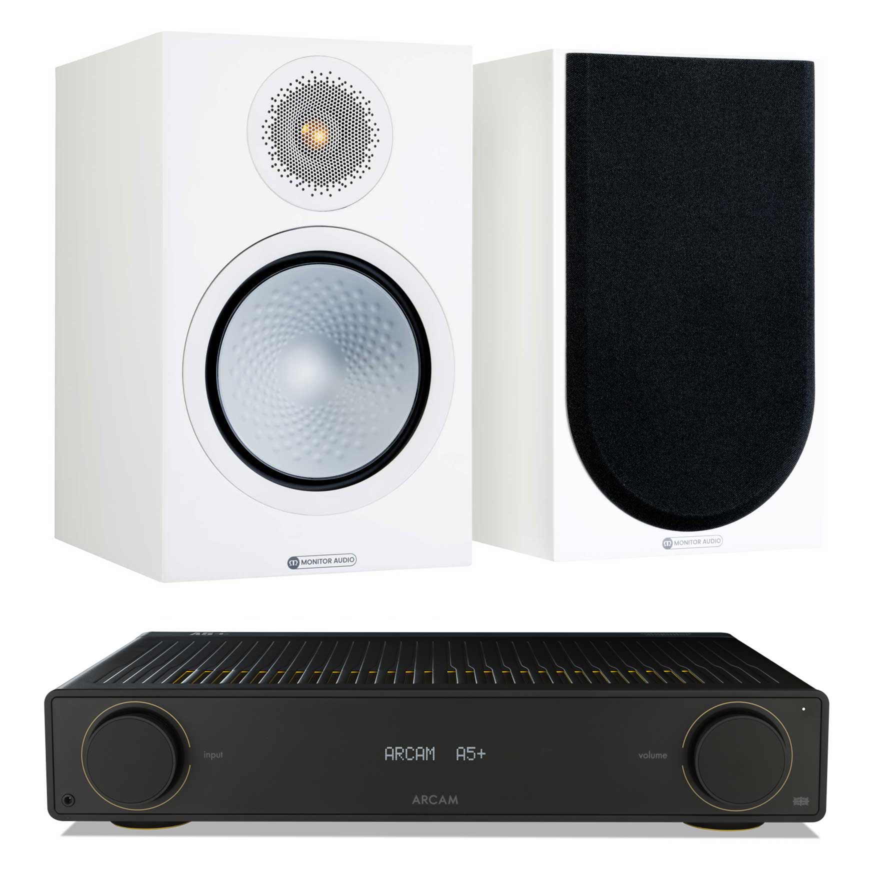 Arcam A5+ with Monitor Audio Silver 100 Satin White