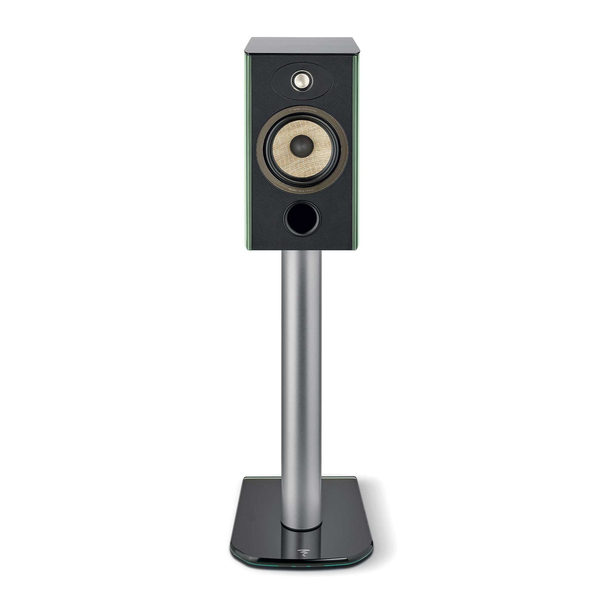 Focal Aria Evo X N°1  Moss Green HIgh Gloss Front View On Optional Aria Floor Stand 