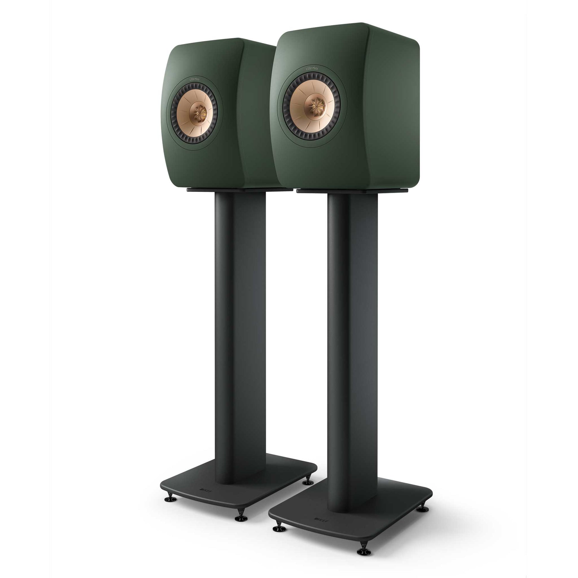 KEF LS50 Meta Moss Green with KEF S2 Stands