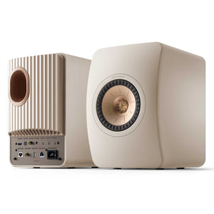 KEF LS50 Wireless II Sand Shell Front and Rear View