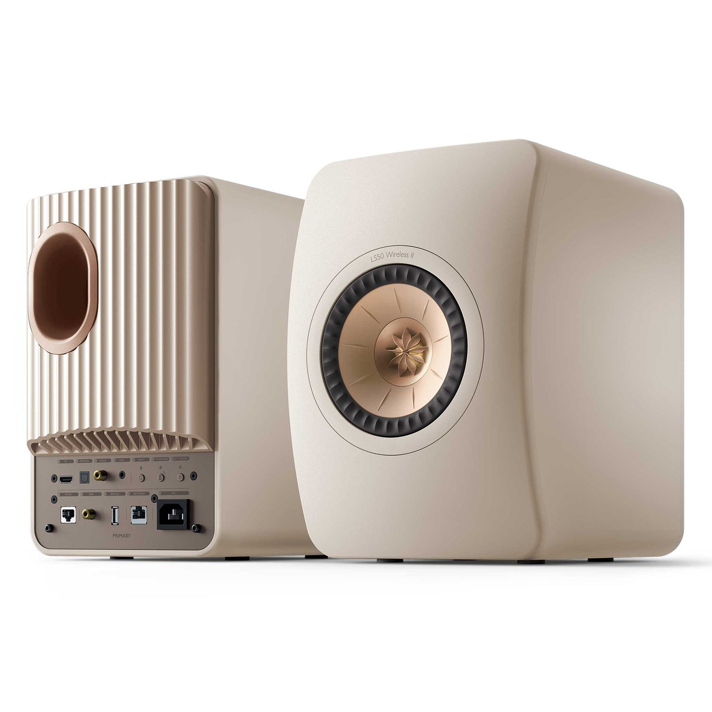 KEF LS50 Wireless II Sand Shell Front and Rear View
