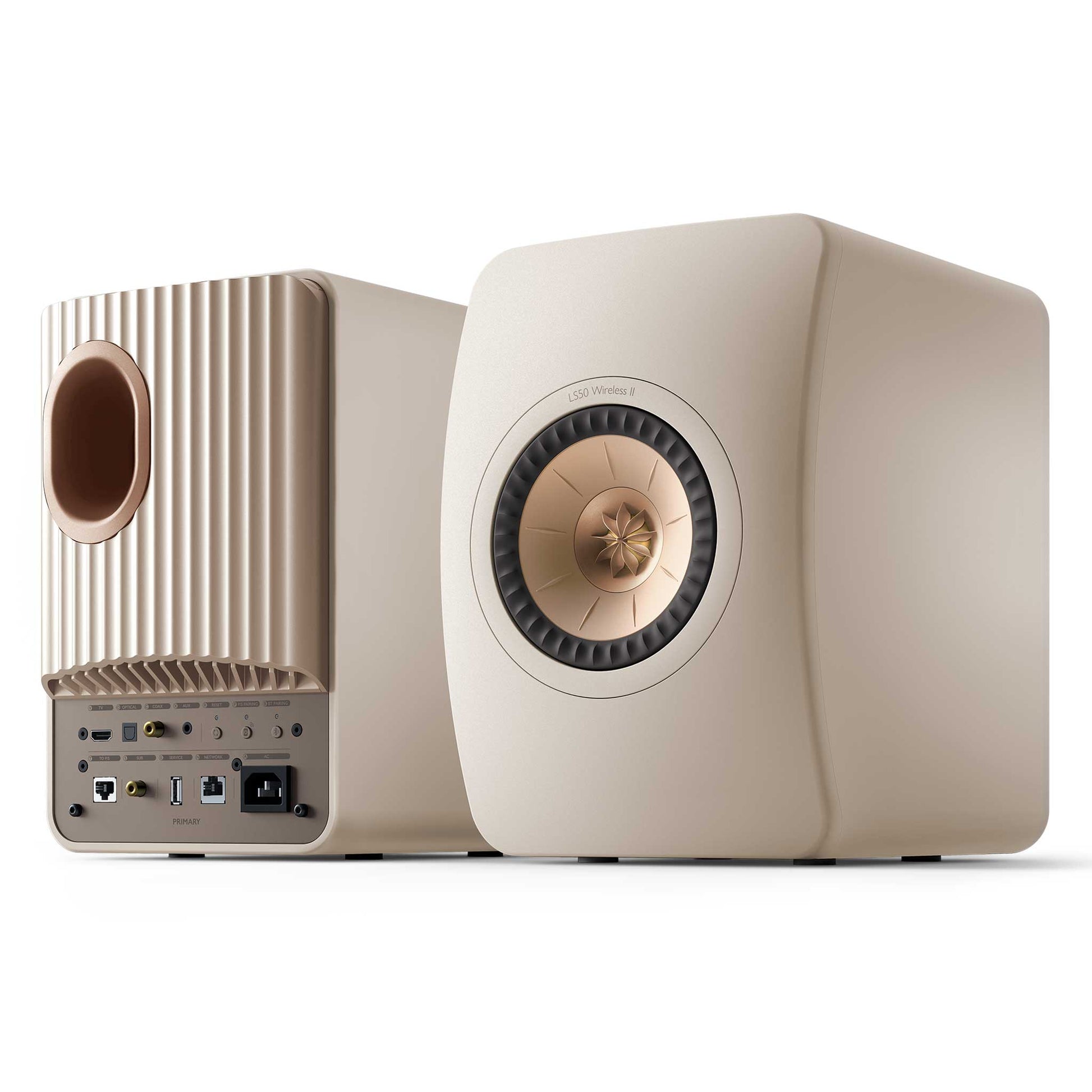 KEF LS50 Wireless II Sand Shell Front and Rear View