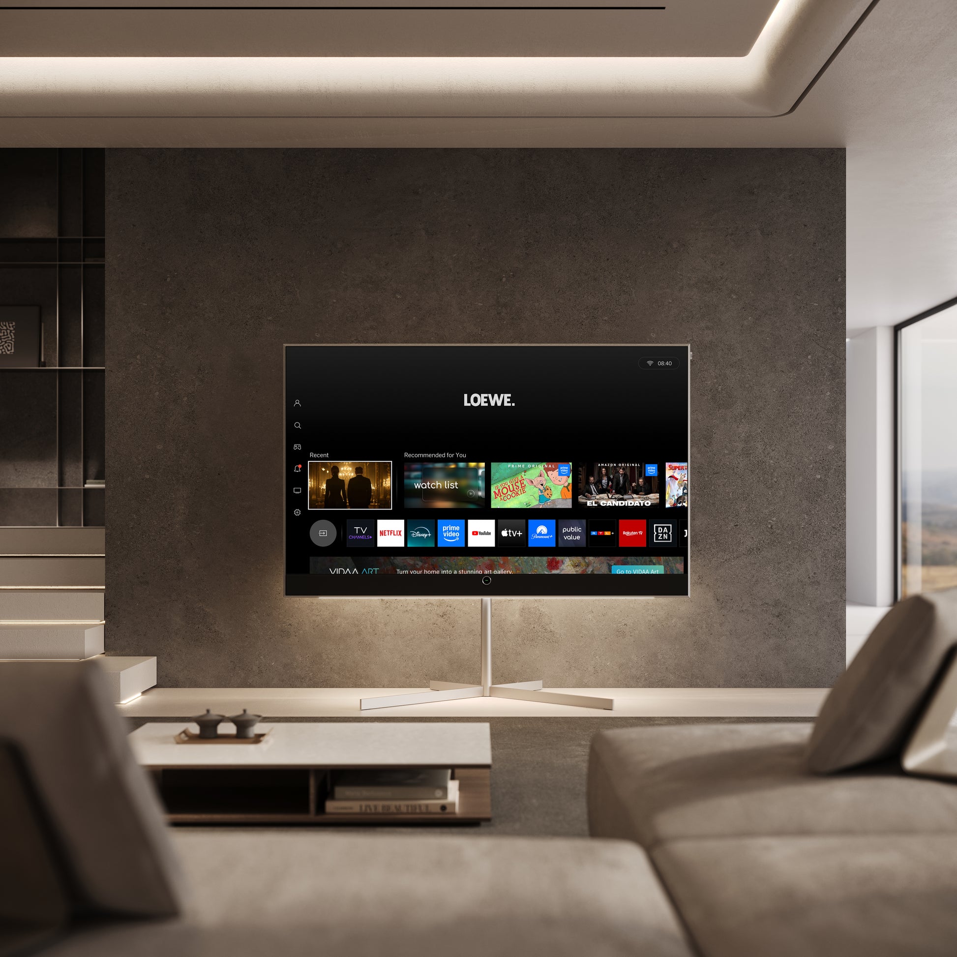 Loewe Stellar 83 DR+ Aluminium Room Setting On Stand