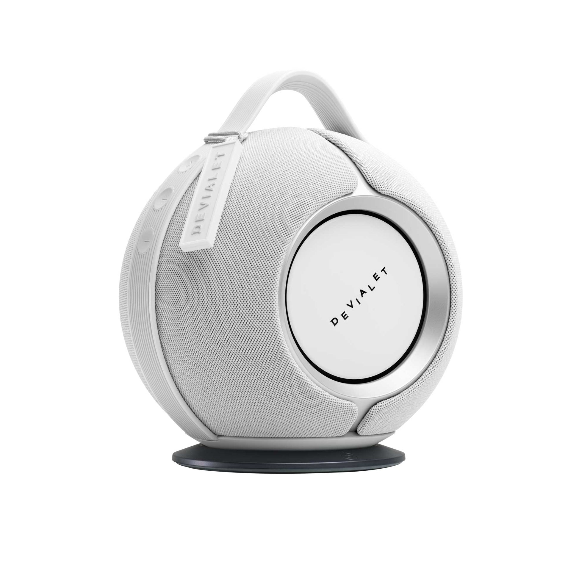 Devialet Mania White Mist On Charging Cradle