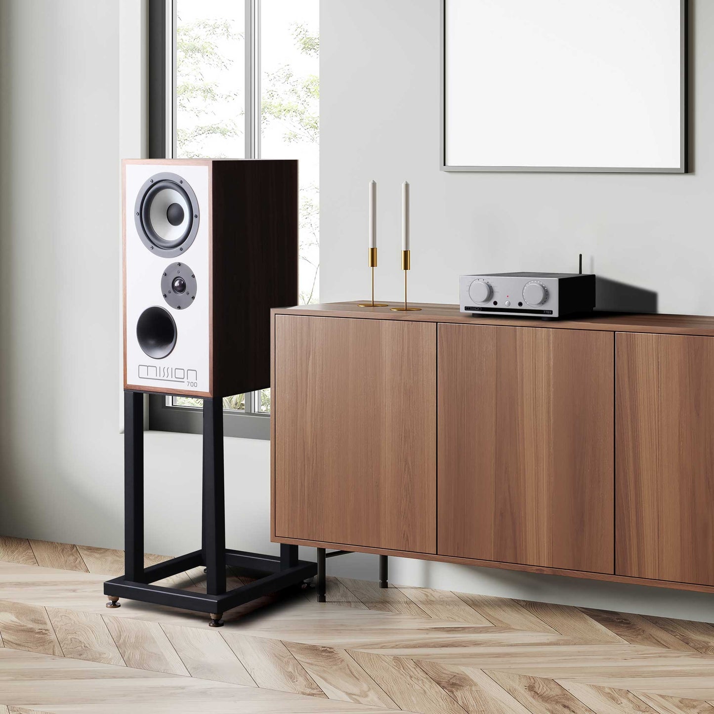 Mission 700 Bookshelf Speakers Walnut Pearl Room Setting