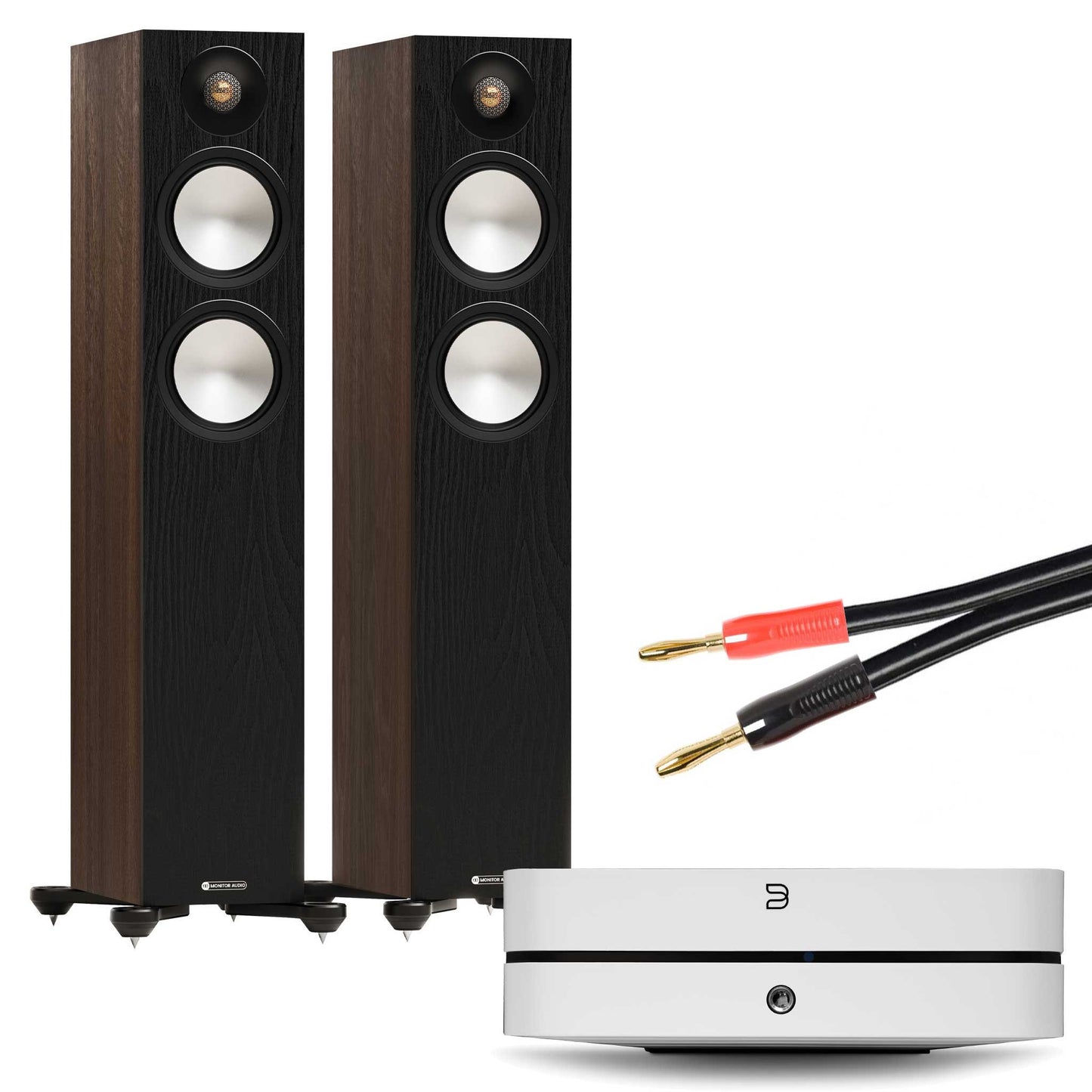 Bluesound Powernode N331 White with Monitor Audio Bronze 300 7G Walnut