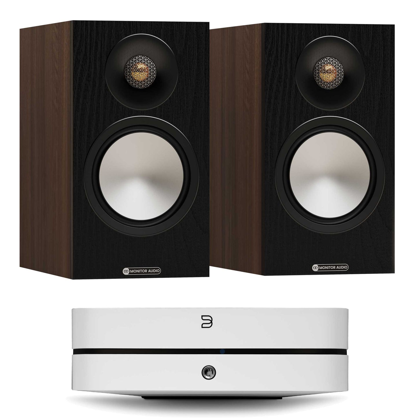 Bluesound Powernode (N331) White with Monitor Audio Bronze 50 7G Walnut