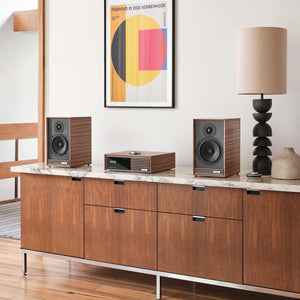 Ruark Audio R610 with Sabre-R Speakers Walnut On Sideboard