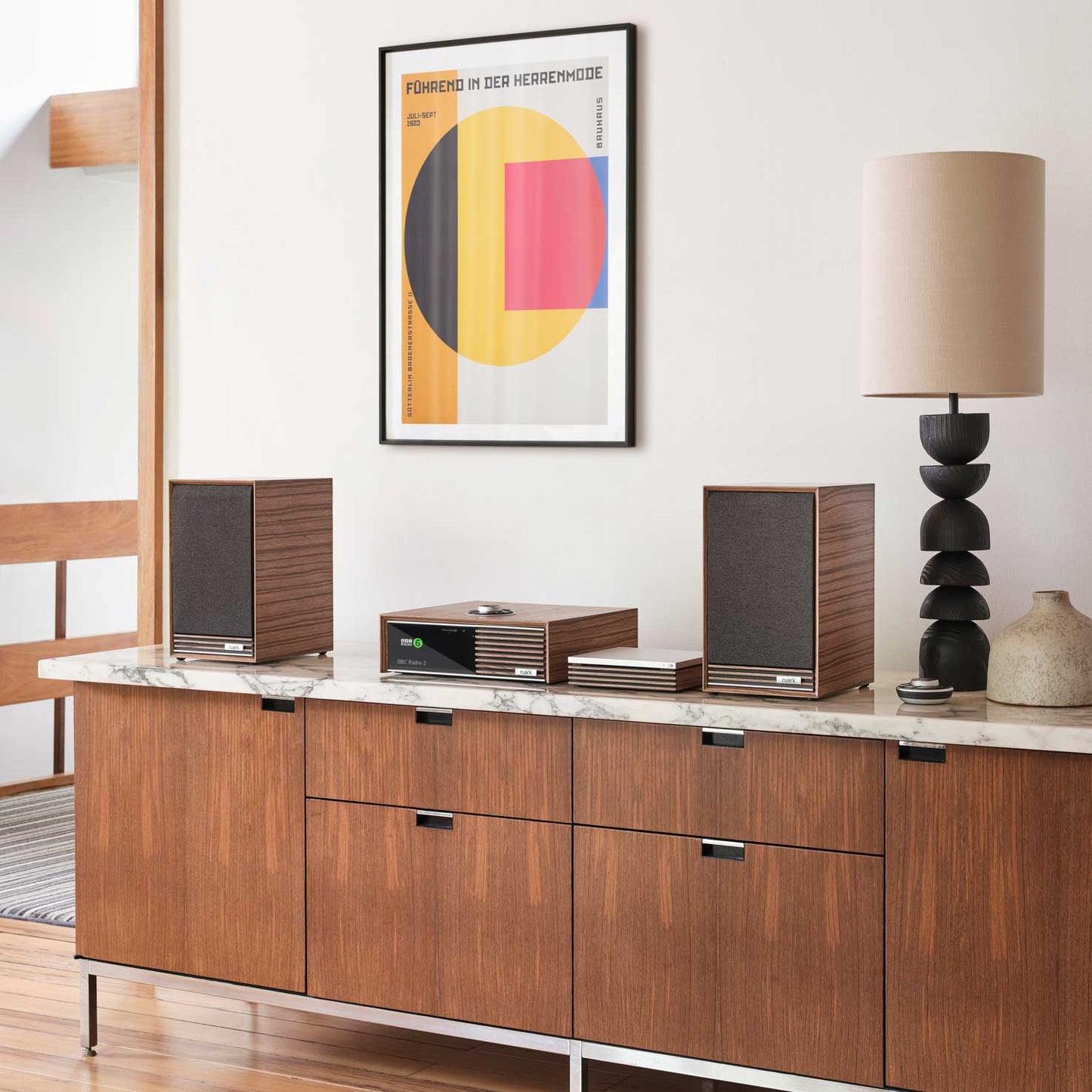 Ruark Audio R-CD100 with R610 on sideboard