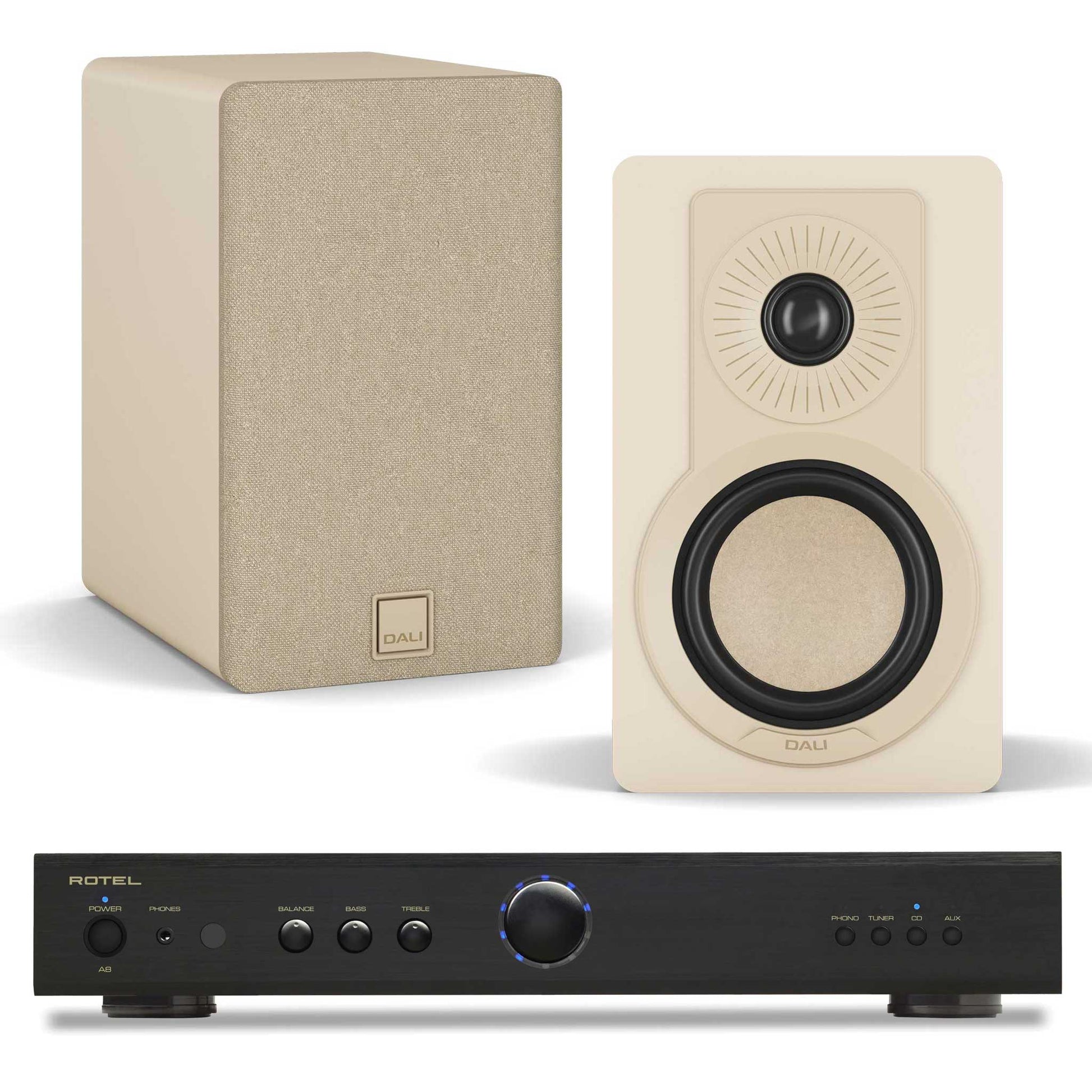 Rotel A8 Black with Dali Kupid Caramel White
