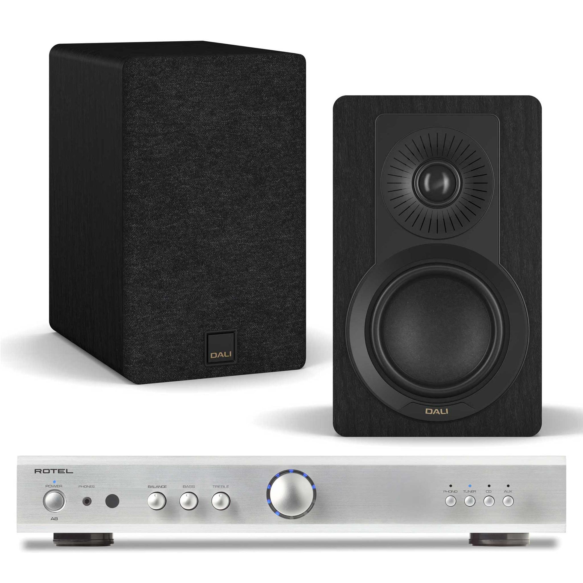 Rotel A8 Silver with Dali Kupid Black Ash
