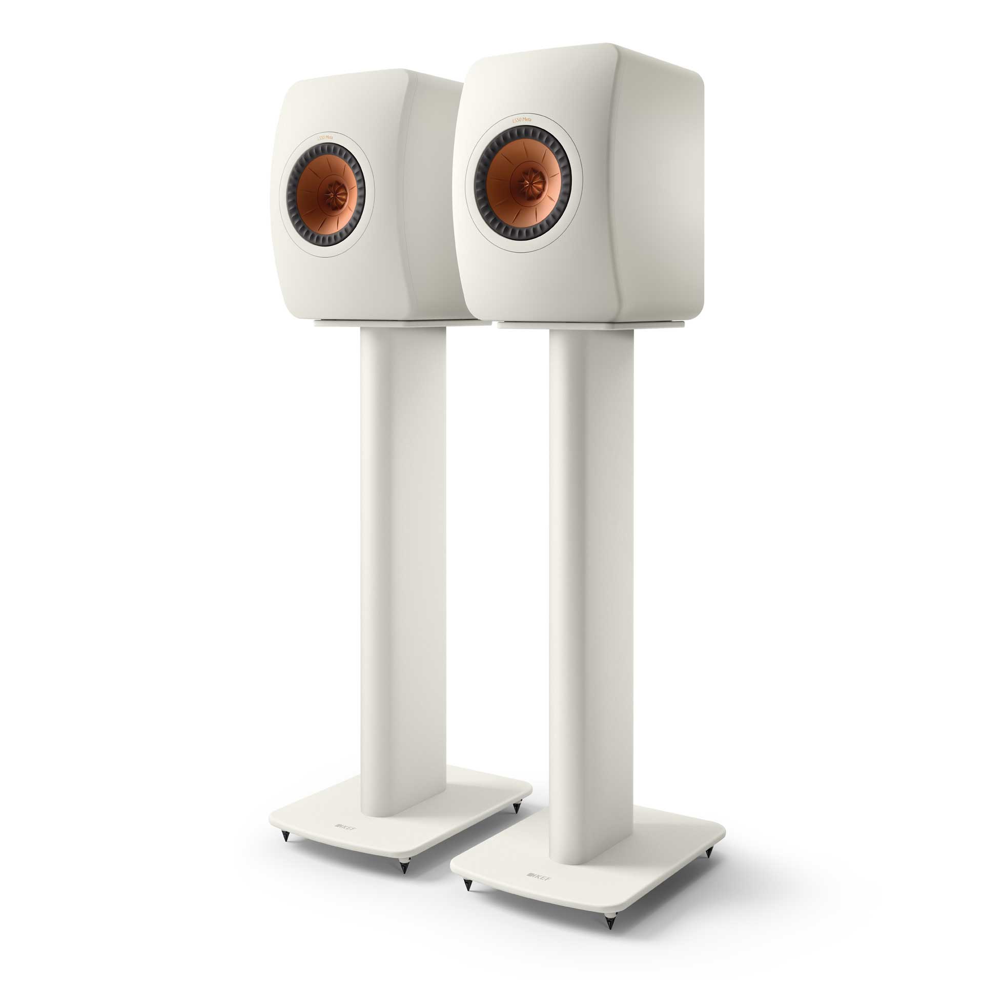 KEF S2 Floor Stands Mineral White With LS50 Meta