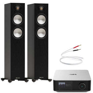WiiM Amp Ultra Silver with Monitor Audio Bronze 300 7G Black