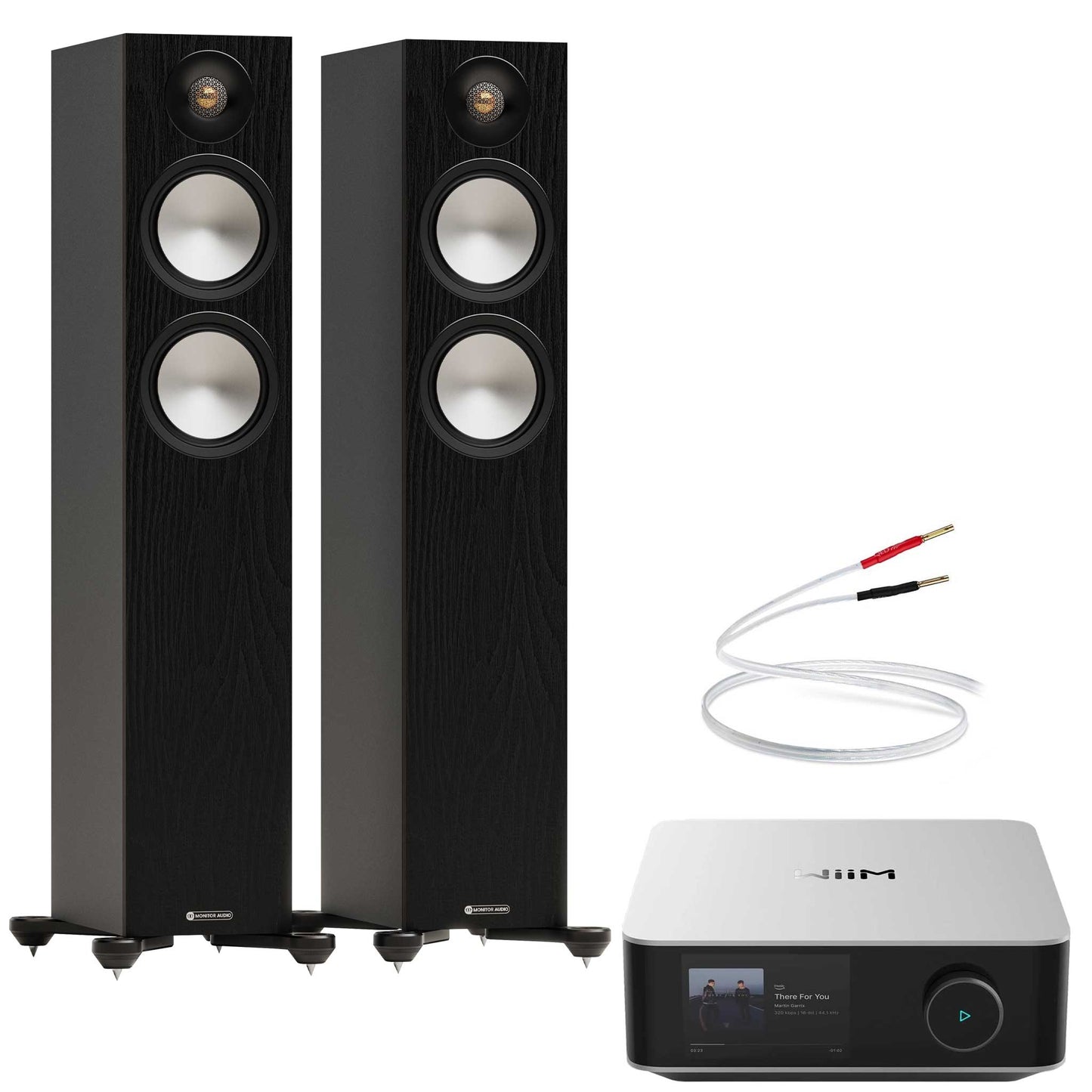 WiiM Amp Ultra Silver with Monitor Audio Bronze 300 7G Black