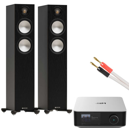 WiiM Amp Ultra Silver with Monitor Audio Bronze 300 7G Black
