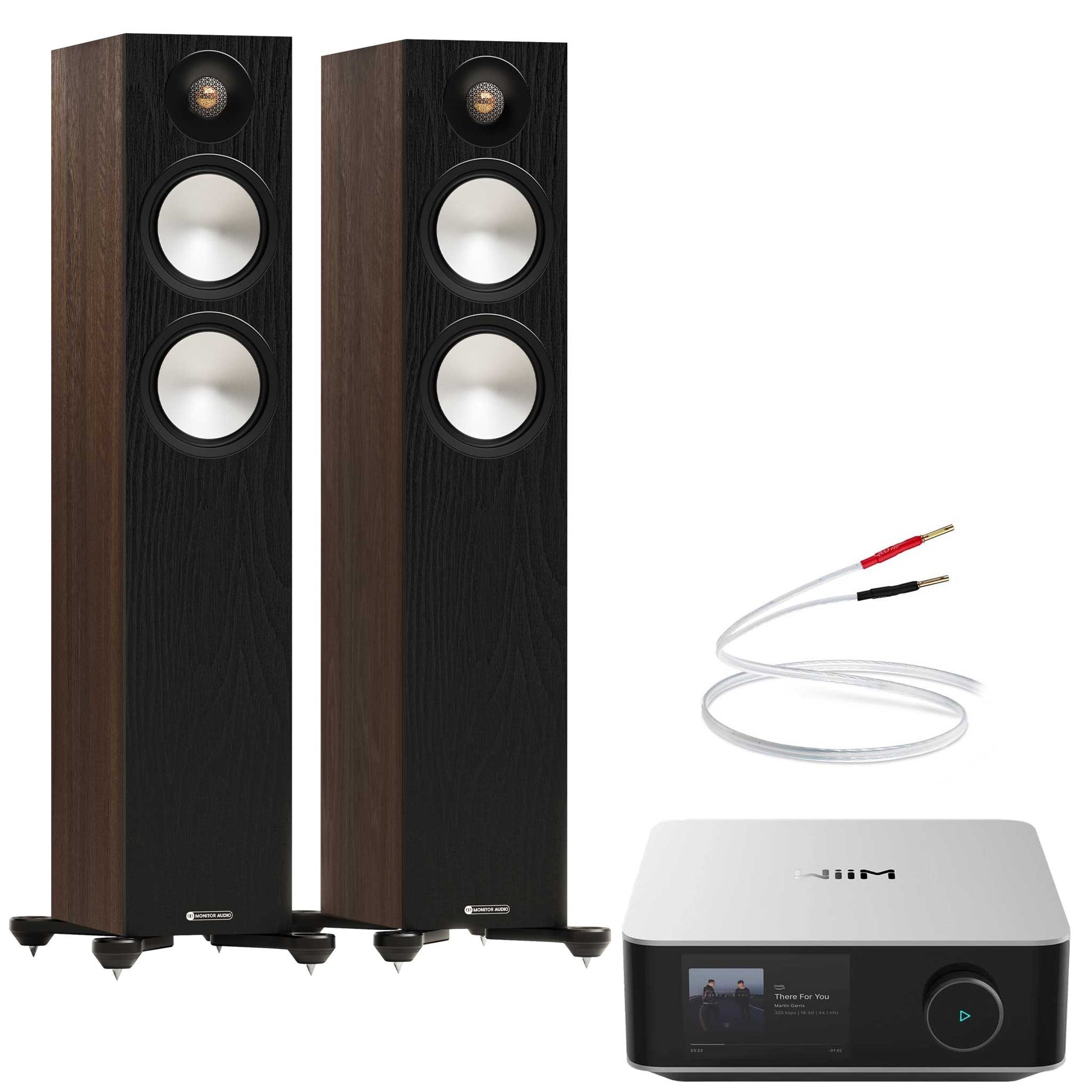 WiiM Amp Ultra Silver with Monitor Audio Bronze 300 7G Walnut