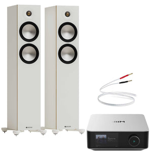 WiiM Amp Ultra Silver with Monitor Audio Bronze 300 7G White
