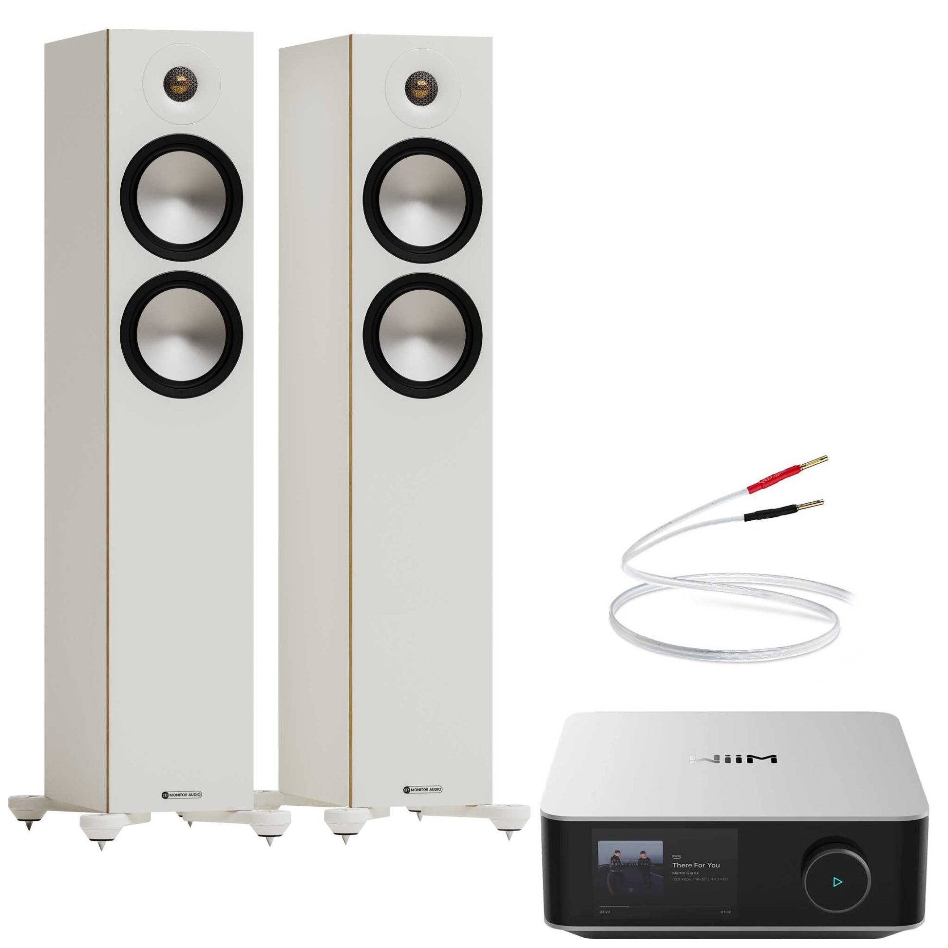 WiiM Amp Ultra Silver with Monitor Audio Bronze 300 7G White