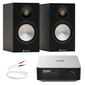 WiiM Amp Ultra Silver with Monitor Audio Bronze 50 7G Black