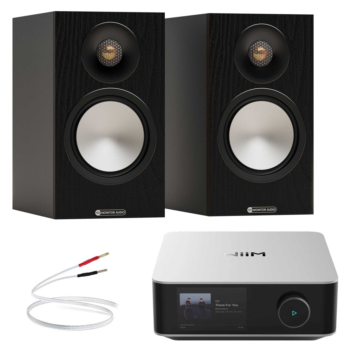 WiiM Amp Ultra Silver with Monitor Audio Bronze 50 7G Black