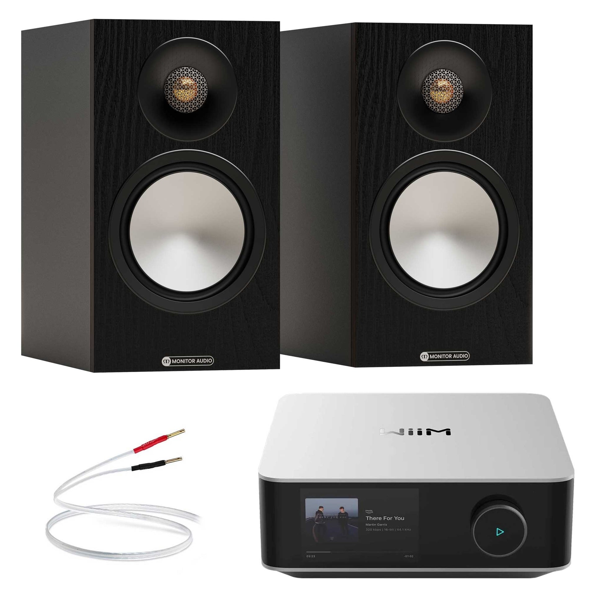WiiM Amp Ultra Silver with Monitor Audio Bronze 50 7G Black
