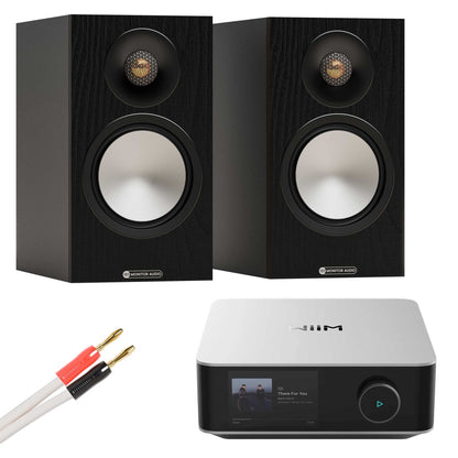 WiiM Amp Ultra Silver with Monitor Audio Bronze 50 7G Black