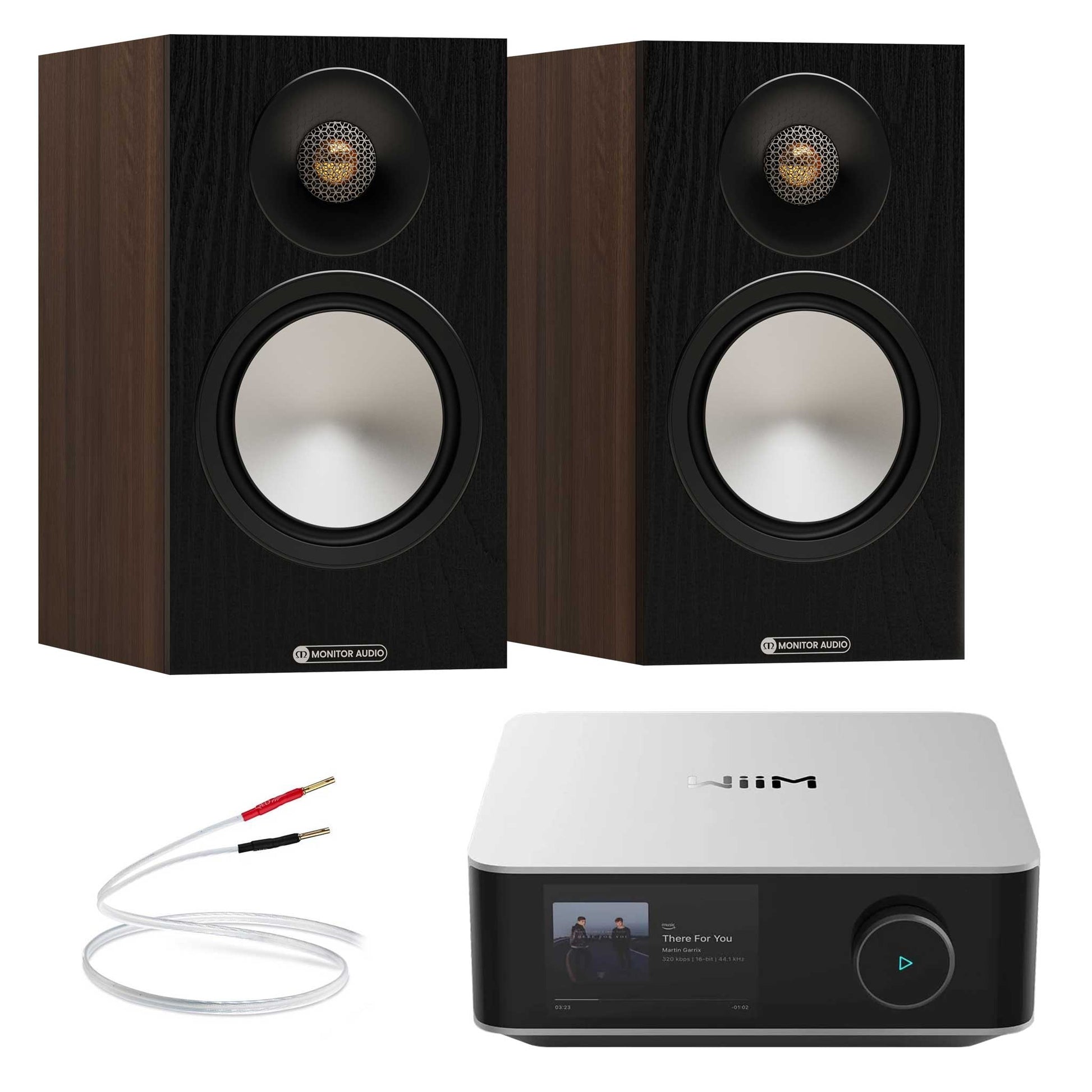WiiM Amp Ultra Silver with Monitor Audio Bronze 50 7G Walnut