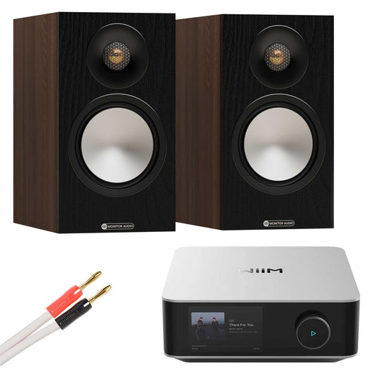 WiiM Amp Ultra Silver with Monitor Audio Bronze 50 7G Walnut