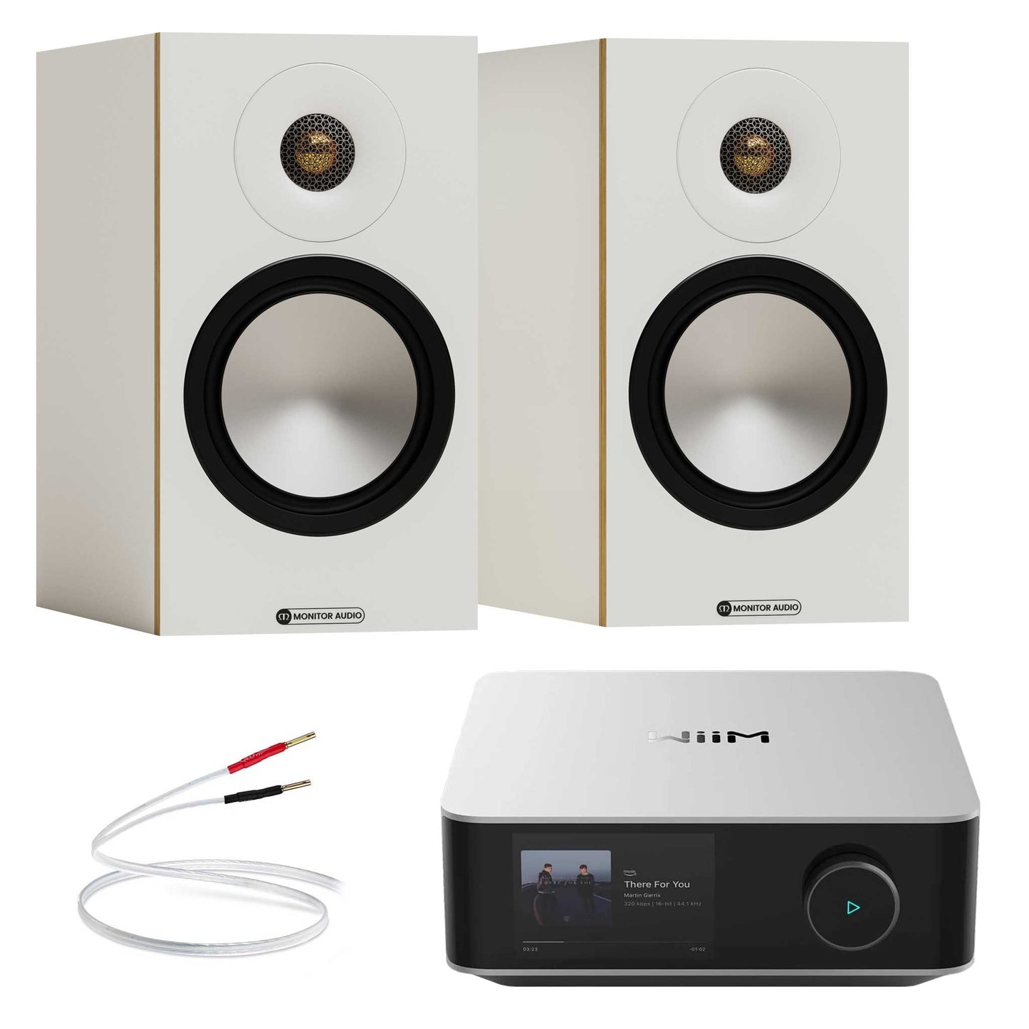 WiiM Amp Ultra Silver with Monitor Audio Bronze 50 7G White