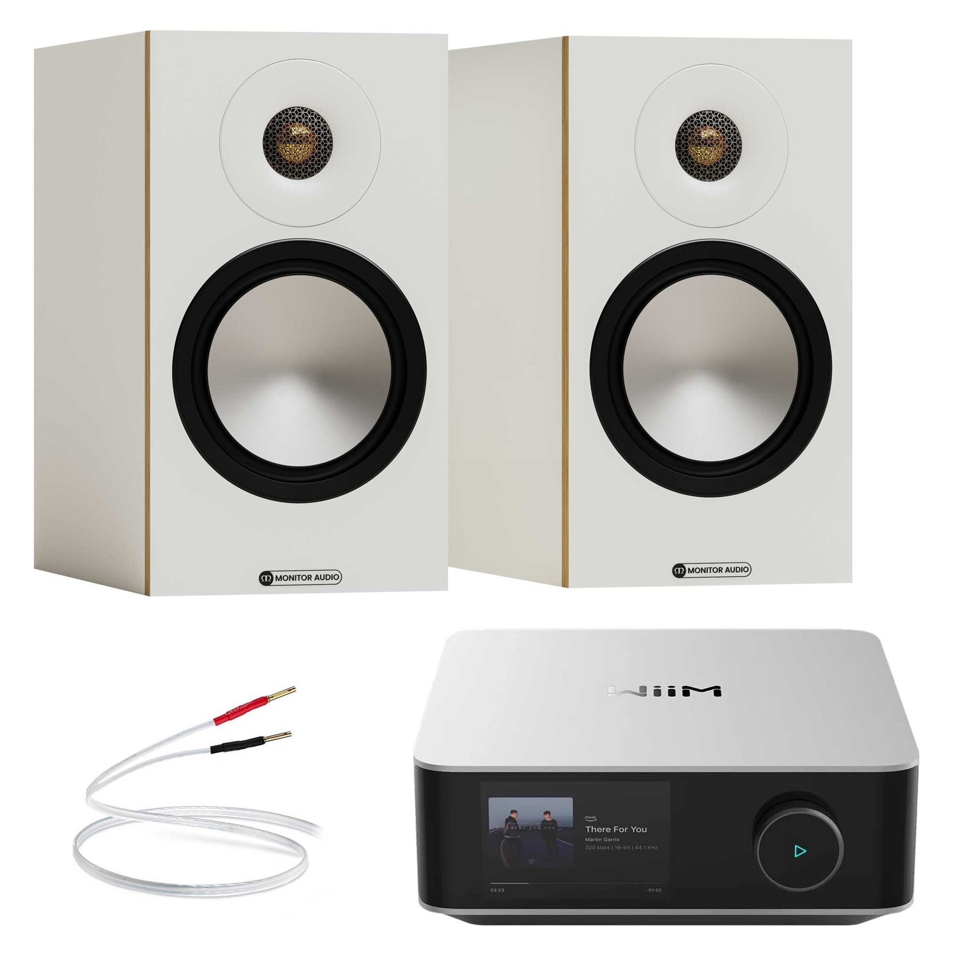 WiiM Amp Ultra Silver with Monitor Audio Bronze 50 7G White