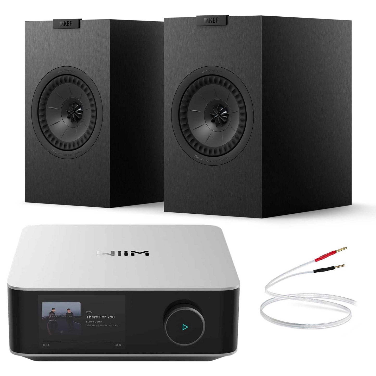WiiM Amp Ultra Silver with KEF Q1 Meta Satin Black