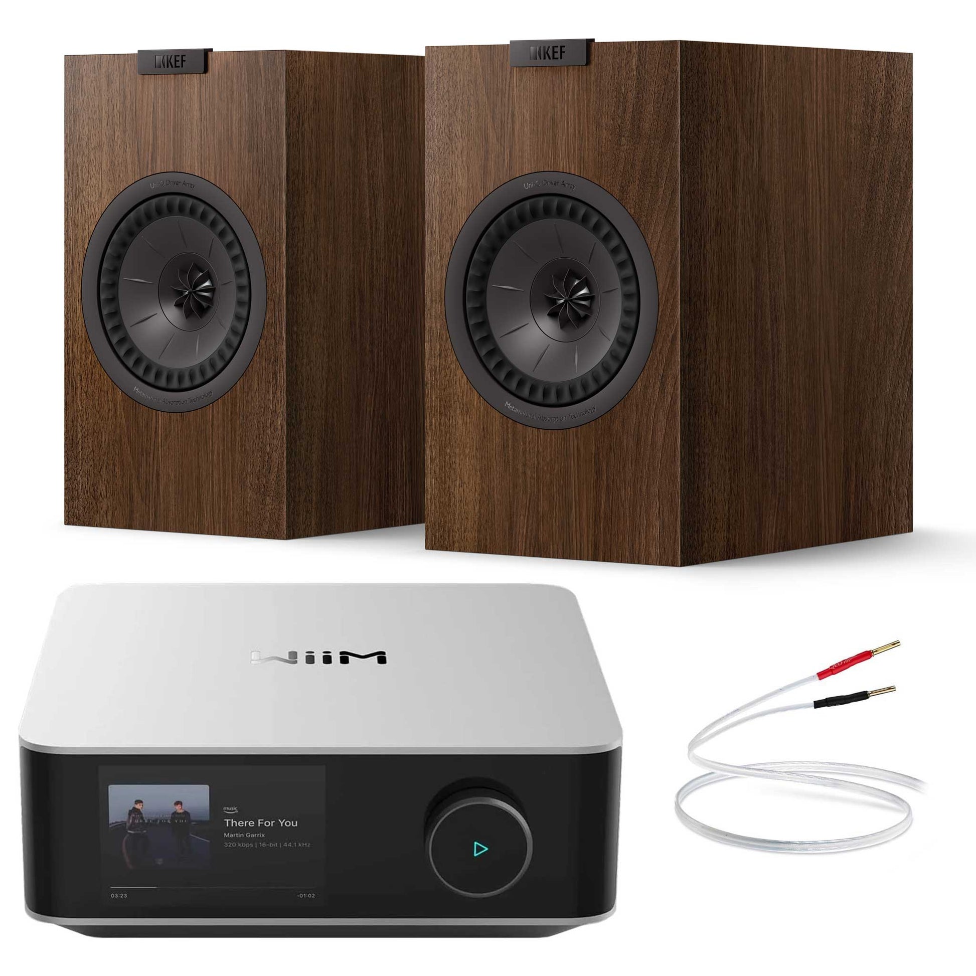 WiiM Amp Ultra Silver with KEF Q1 Meta Walnut