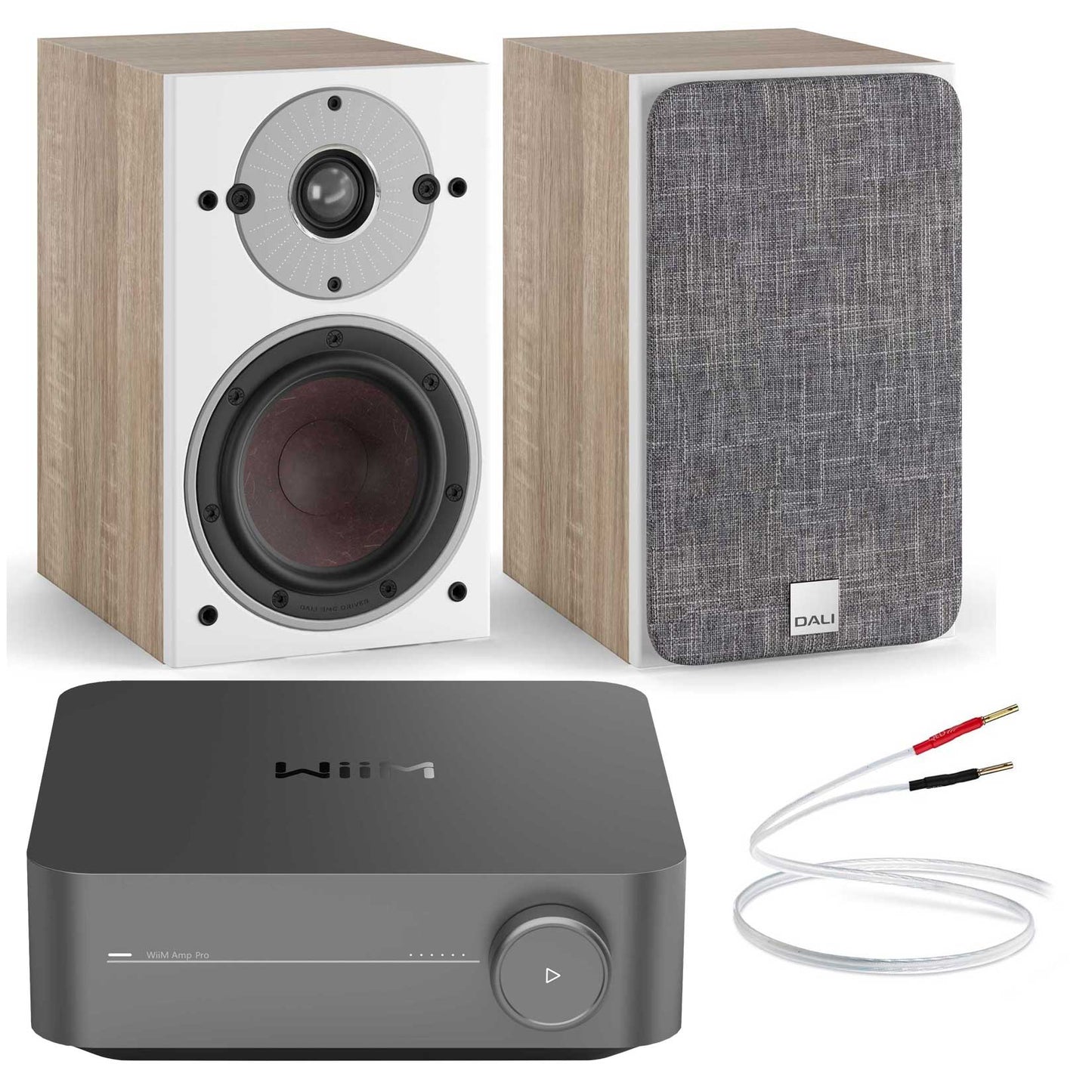 WiiM Amp Pro with Dali Oberon 1 Bookshelf Speakers Ligh Oak