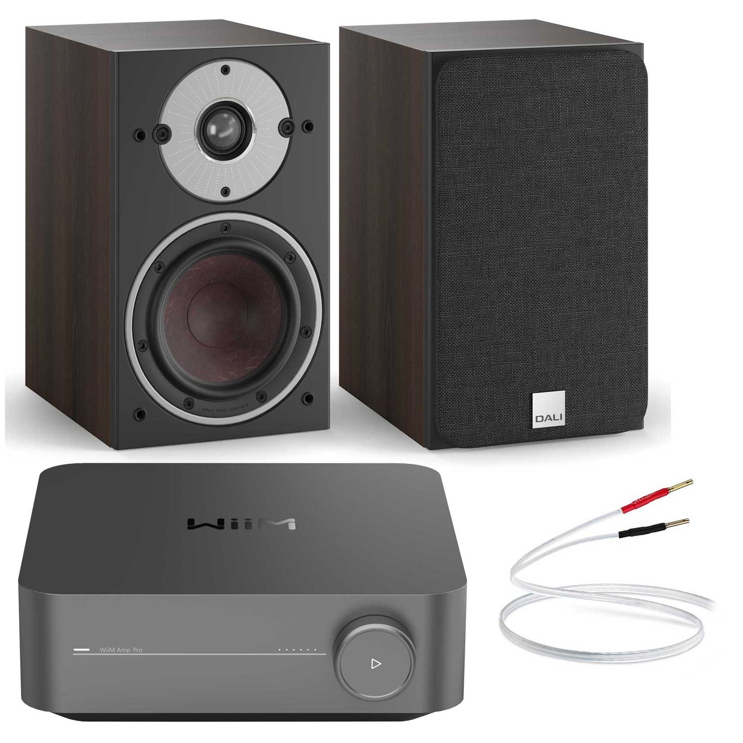 WiiM Amp Pro with Dali Oberon 1 Bookshelf Speakers Dark Walnut