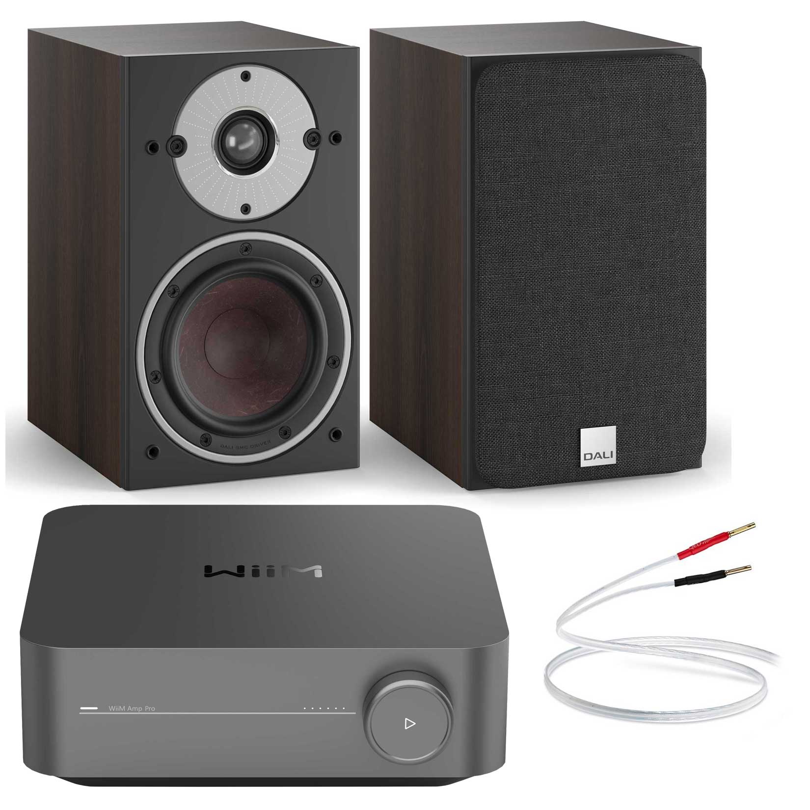 WiiM Amp Pro with Dali Oberon 1 Bookshelf Speakers Dark Walnut