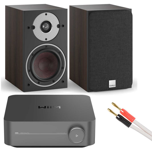 WiiM Amp Pro with Dali Oberon 1 Bookshelf Speakers Dark Walnut