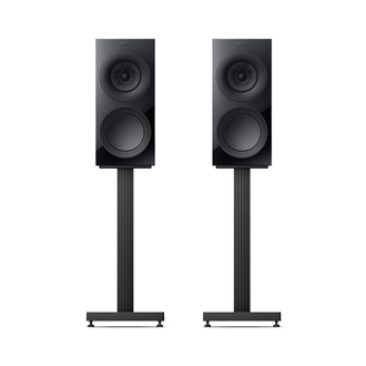 KEF R3 Meta Black Gloss Front View With Optional S3 Stands