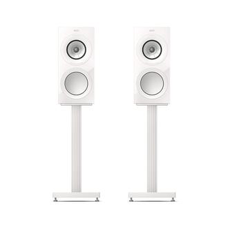 KEF R3 Meta White Gloss Front View with optional stands