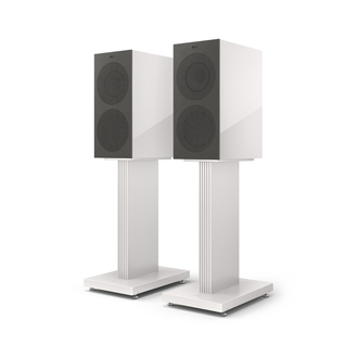 KEF R3 Meta White Gloss with grilles on and optional stands