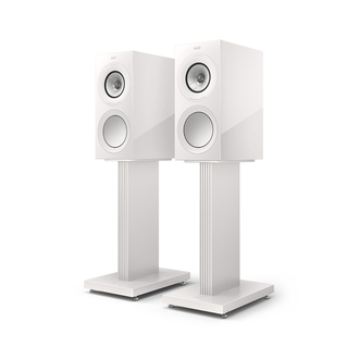 KEF R3 Meta White Gloss Angled View with optional stands